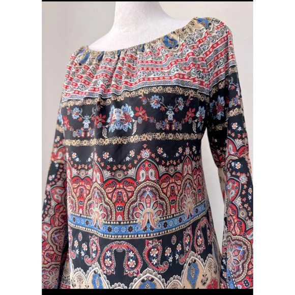 Y2K Boho Dress Colorful Paisley Mini Bell sleeves sz S USA Gypsy Shift - Picture 2 of 6